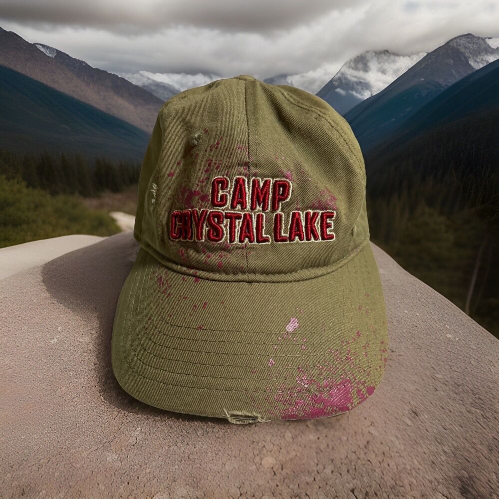 Friday The 13th Camp Crystal Lake Distressed Adjustable Hat, Olive Green/Red